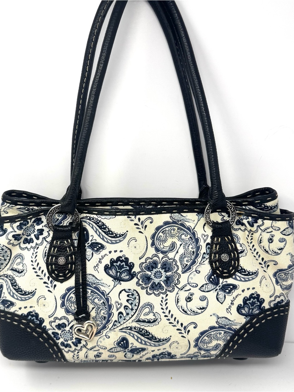 Brighton Blue White Paisley Canvas & Leather Double Handle Shoulder Bag Purse